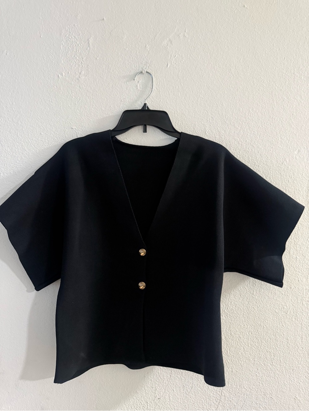 SHEIN Black Short-Sleeve Open Front Jacket with Gold Buttons